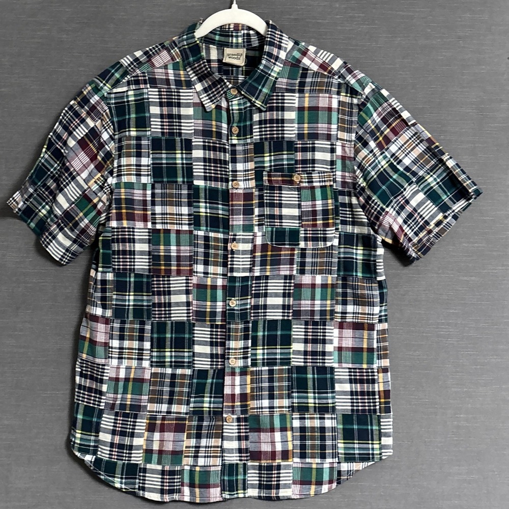 Scandia Woods Shirt M Blue Green Madras Plaid Short Sleeve Button Cotton Casual
